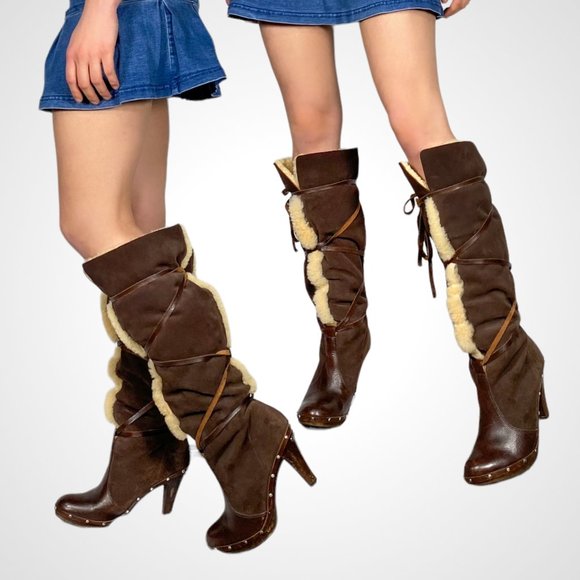 Michael Kors Suede and Sherpa Knee High Heeled Boots - Picture 2 of 4